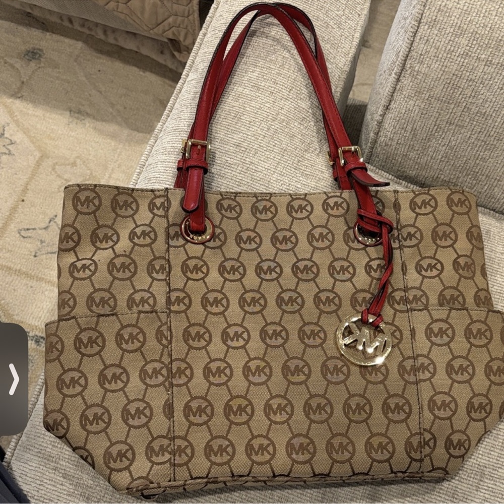Michael Kors Tan and Red Tote Bag